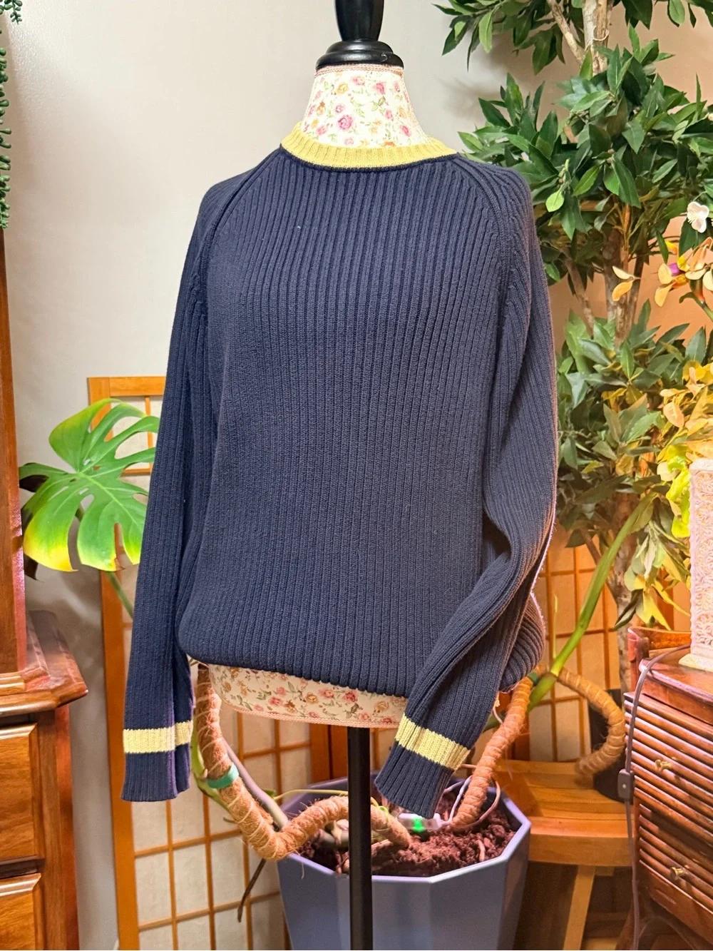 Vintage 90s J Crew Shaker Rib Knit Sweater - 100 Cotton - Men’s Large -blue& tan